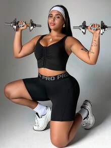 SHEIN Sports 女款大尺碼黑色運動短褲，字母腰帶與側邊口袋設計，彈性纖維運動緊身短褲，女用運動服飾 - 黑色 - 查看 5