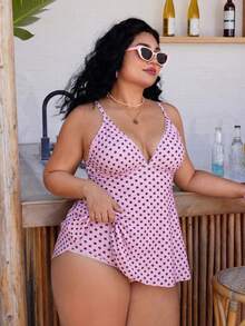 Swim Mod Plus Size Women's Polka Dot Print Deep V-Neck Ruffle Top Paired With Regular Trousers, Flattering Silhouette Beach Atmosphere Women's Swimwear Set - Multicolor - View 1