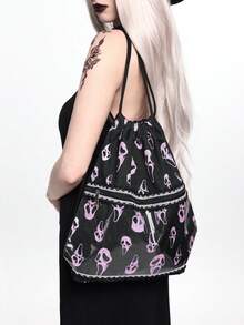 ROMWE Tas Serut Grimace Horor Y2K - Ransel Saku Bermotif Renda Warna Pink Gothic untuk Sekolah, Komuter, Halloween, dan Penggunaan Sehari-hari - Ringis merah muda - View 11