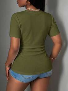 Slaydiva Casual Minimalist Solid Color Military Green Plus Size V-Neck T-Shirt Suitable For Spring And Summer - Army Green - View 2