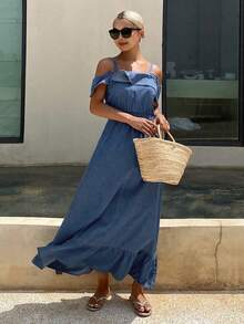 DAZY Đầm denim nữ xếp ly trễ vai phối nhiều mảnh - Màu xanh lam - Xem 4