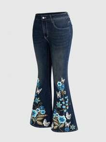 ROMWE Hippie Plus Size Retro Vintage Washed Denim Flare Pants With Butterfly & Floral Pattern - Navy Blue - View 1