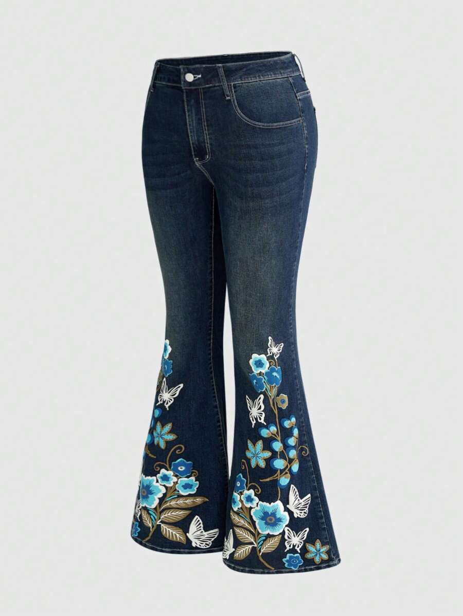 ROMWE Hippie Plus Size Retro Vintage Washed Denim Flare Pants With Butterfly & Floral Pattern - Navy Blue - View 1