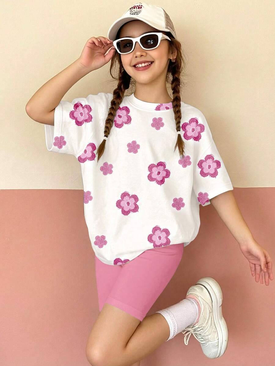 两件套少女休闲印花短袖圆领T恤和修身骑行短裤套装,适合春夏日常穿着、外出、校园活动,复古印花图案,春夏时尚单品。 - 白色 - 查看 1