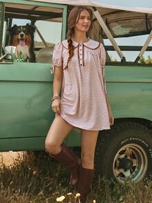 WESTFADE Collared Button Front Bow Tie Short Puff Sleeve Bubble Gingham & Contrast Lace Babydoll Mini Dress - Baby Pink - View 5