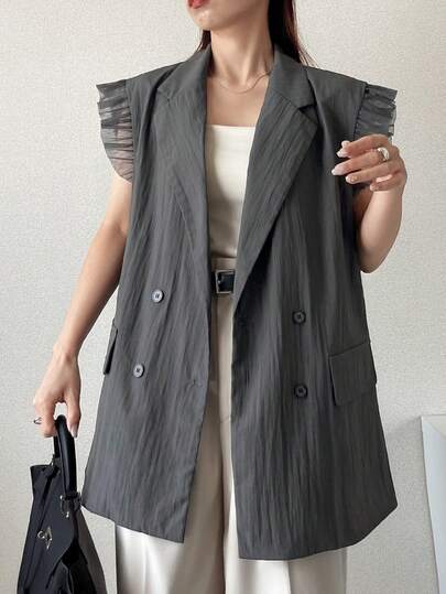 FRIFUL Áo blazer nữ thanh lịch, tối giản, màu trơn, cổ ve áo, tay áo bèo nhún, cài khuy đôi, không cài cúc, thích hợp mặc đi làm hàng ngày, mùa hè.