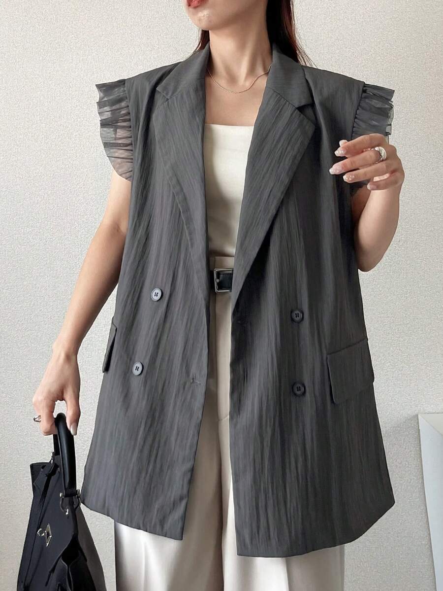 FRIFUL 女款優雅休閒風純色翻領荷葉袖雙排扣開襟西裝外套,夏季教師節辦公商務深灰色 - 灰色 - 查看 1