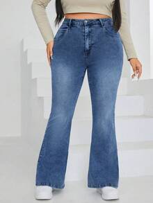 SHEIN ICON Jeans acampanados de tela vaquera lavada para mujer de talla grande, para primavera/verano - Lavado ligero - Ver 1