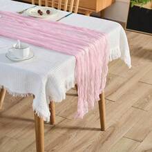 Bohemian Style Sheer Table Runner. Romantic Farmhouse Cheese Cloth Long Table Runner For Wedding Bride Party Birthday Decor(Pink) - Pink - View 3