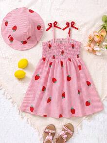 SHEIN Girls' Strawberry Print Sleeveless Dress,Pastel Pink Pink & White Striped Pattern,Summer Beach Holiday Sweet & Lively For Spring/Summer Outings - Pink - View 2