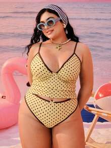 Swim Mod Bộ bikini hai mảnh cỡ lớn dành cho nữ năm 2026, họa tiết hình học, thời trang, kín đáo, có nơ, dây đeo điều chỉnh được, cạp cao, cạp cao, kiểu tam giác. - Màu vàng - Xem 4