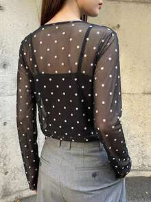 FRIFUL Women's Gray Sheer Fitted Layering Top - Black - View 2