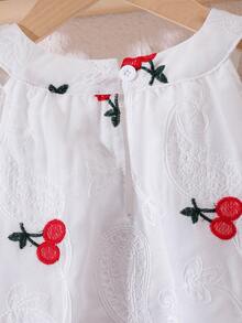 SHEIN Elladie kids 少女象牙色无袖樱桃刺绣上衣和直筒裤两件套，优雅妩媚的夏季套装 - 白色 - 查看 8