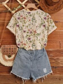 INAWLY Women's Summer Floral Print Round Neck Short Sleeve Casual Boho T-Shirt Graphic Tees Tops Vacation Beige - Khaki - View 2
