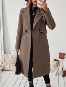 SHEIN 时尚百搭驼色缺口领大衣（配腰带），秋冬 - 棕色 - 查看 6