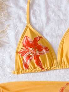 SHEIN Conjunto de bikini de 3 piezas para adolescentes, top triangular de halter floral negro, Bottom triangular, pareo, traje de baño elegante y casual adecuado para nadar, vacaciones, verano - Naranja - Ver 5