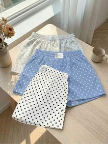 SHEIN EZwear Bộ 3 quần short nữ thoải mái kiểu vintage chấm bi và họa tiết da báo, chất liệu vải dệt, phù hợp mặc hàng ngày, bộ quần short in họa tiết rằn ri. - Nhiều màu - Xem 3