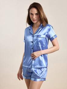 Hourtrue Contrast Binding Satin PJ Set / Pajama Setfor Summer - Baby Blue - View 6