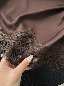SHEIN Frenchy Chân váy xếp ly ren phối màu tương phản thanh lịch dành cho nữ, mùa hè. - màu nâu - Xem 4