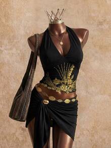 Elin Vora Women's Black And Gold Sequin Floral Embroidered Halter Neck Tank Top,Summer Seductive Party Night Y2K Music Festival Deep V-Neck Slim Fit Crop Top - Black - View 4