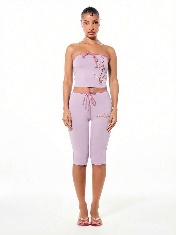 BABYPHAT Women Jersey Capri Leggings With Tie Detail Drawstring Waist Text Print Purple Pink Casual Summer