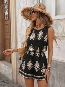 Brillora Bộ áo liền quần nữ in họa tiết Bohemian, kiểu dáng thường ngày, thích hợp cho kỳ nghỉ biển. - màu đen - Xem 4