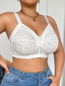 DesireSculpt Plus Size Lace Patchwork Wireless Bra White Summer - White - View 7