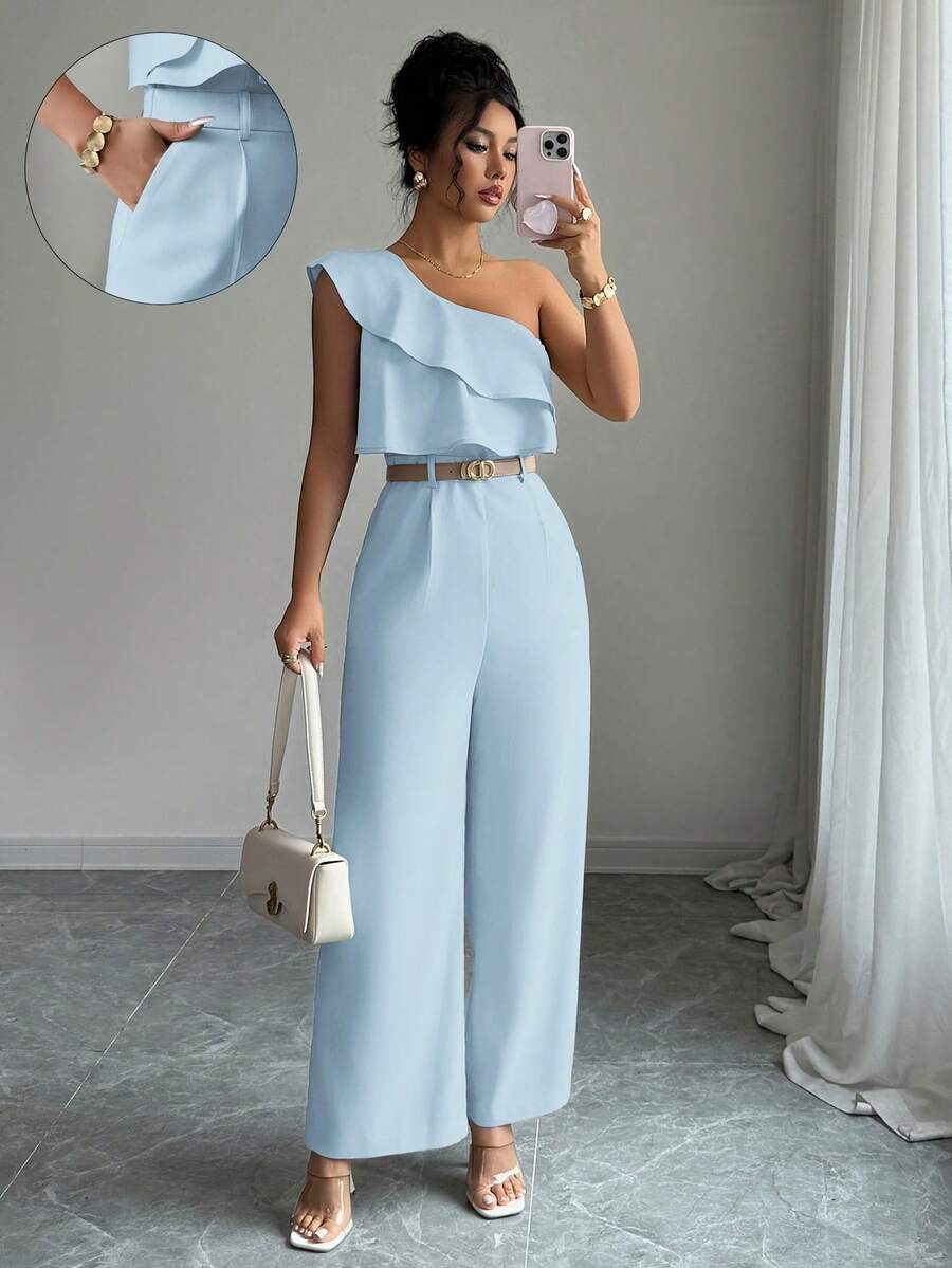 Elenzga Bộ jumpsuit nữ phong cách xuân/hè, thích hợp đi nghỉ mát, đi làm, đi biển/hè, dự tiệc trà chiều, vai bất đối xứng, eo xếp ly đôi, dáng suông rộng. - Màu xanh lam - Xem 1