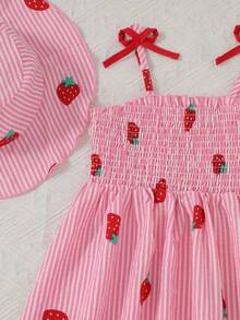 SHEIN Girls' Strawberry Print Sleeveless Dress,Pastel Pink Pink & White Striped Pattern,Summer Beach Holiday Sweet & Lively For Spring/Summer Outings - Pink - View 4