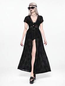 ROMWE Áo khoác cardigan voan mỏng họa tiết mạng nhện phong cách Gothic cho kỳ nghỉ xuân/hè trên bãi biển - màu đen - Xem 6
