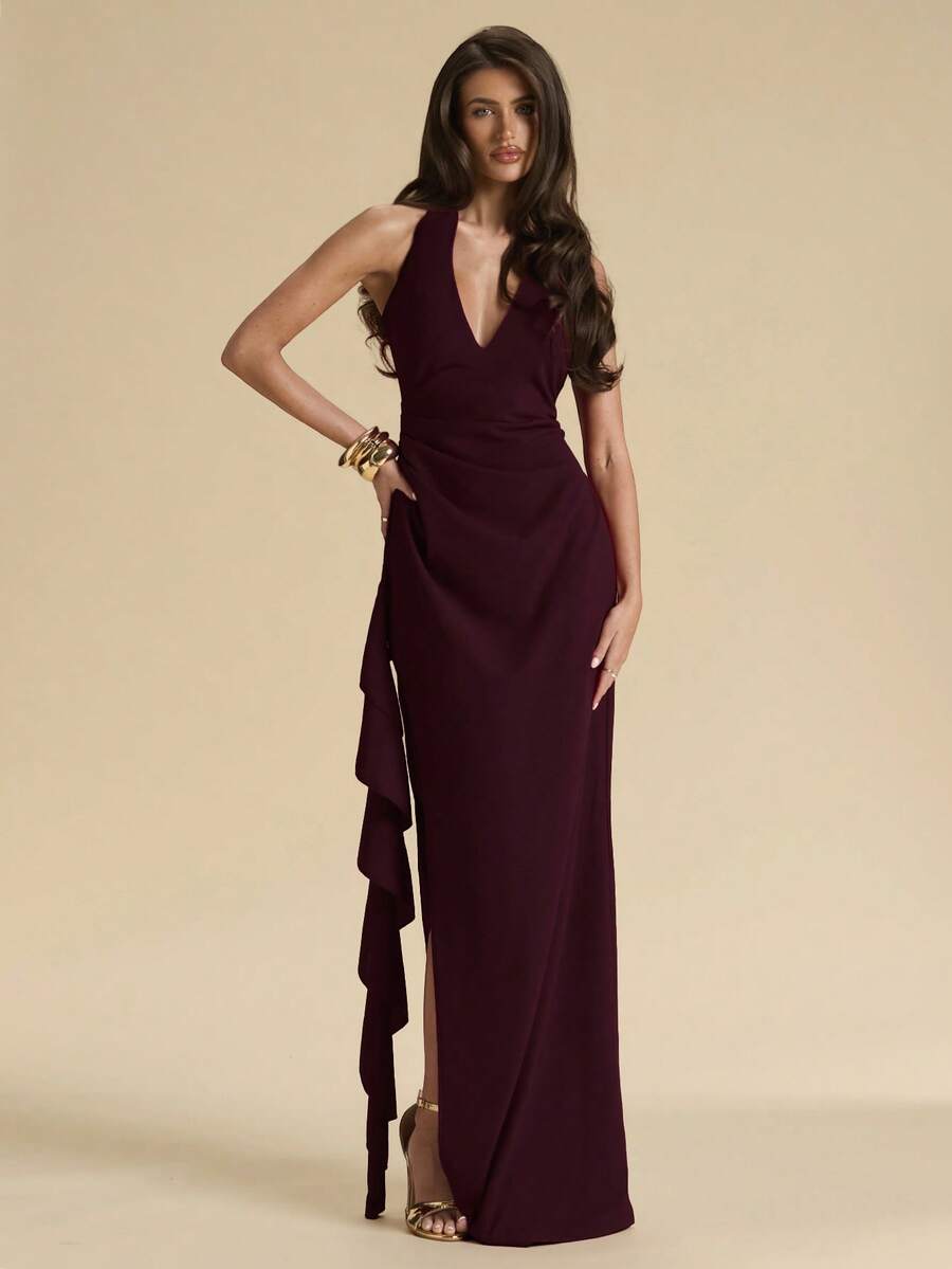 SHEIN BAE Spring & Summer Bridesmaid Dress, Deep V-Neck Halter Ruffle High Slit Ruffled Wrap Long Red For Women, Elegant Maxi - Maroon - View 1