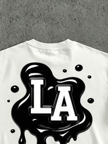 Manfinity EMRG Men's Cool Boxy White Cropped T-Shirt With Dripping LA Logo,Streetwear,Casual,Summer,City Break,Short Sleeve Tee Gift For Friends & Streetwear Lovers - White - View 4