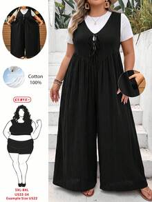 SHEIN CURVE+ Mono sin mangas con bolsillos con lazo delantero para mujer de talla grande, corte holgado - Negro - Ver 2