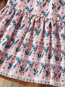 SHEIN Genkimix Kids Vestido de niña pequeña elegante y dulce para vacaciones con bordado floral, volantes de 3 niveles y lazo, estilo francés campestre, para primavera/verano - Rosa - Ver 5