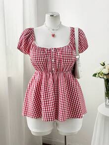Sweetra Áo kiểu babydoll tay cánh hoa kẻ caro đỏ mùa hè mới, xếp ly eo, ngọt ngào và tôn dáng. - Đỏ - Xem 6