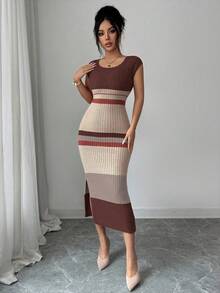 Elenzga Women's Spring/Summer New U-Neck Fitted Mid-Length Hem Slit Half Sleeve Elegant High-End Knit Dress, Striped Design, Versatile Lady Style - Multicolor - View 6