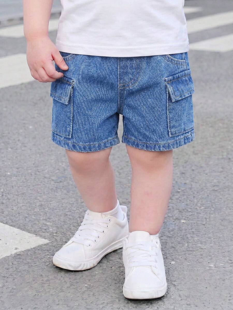 SHEIN Playful Pals Baby Boy Casual Comfortable Utility Pocket Denim Shorts - Medium Wash - View 1