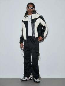 Men Two Tone Zip Up PU Leather Jacket - Black and White - View 1