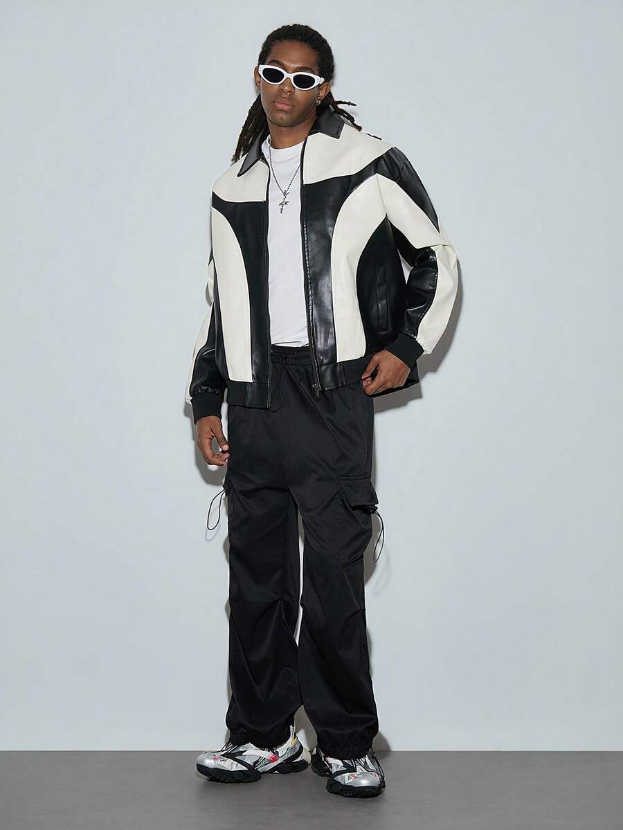 Men Two Tone Zip Up PU Leather Jacket - Black and White - View 1