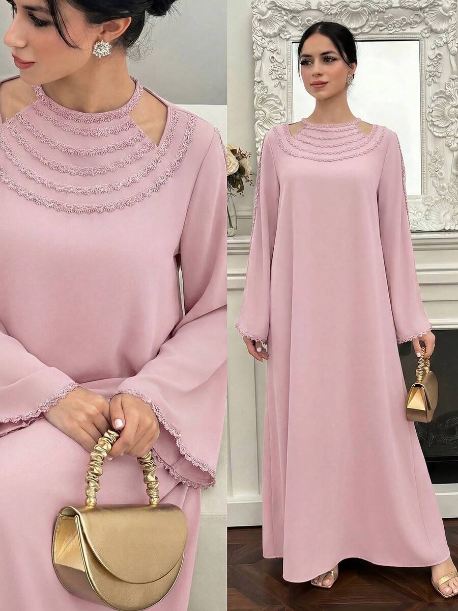 Yasmyna 女士优雅纯色蕾丝边镂空阿拉伯风格连衣裙