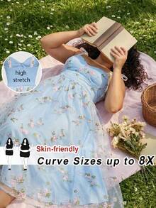 SHEIN CURVE+ 大码女式网纱刺绣吊带连衣裙飘逸连衣裙女工装束束身连衣裙 - 淺藍色 - 查看 10