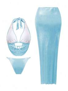Swim Oasis 女士沙滩套装，粉色箔面面料，珠光闪亮，深V领露背比基尼上衣搭配高腰长裙，时尚休闲度假甜美优雅性感高级女士泳装套装 - 藍色 - 查看 3