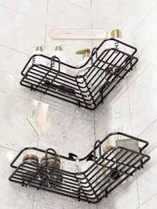 1pc Iron Bathroom Storage Rack, Hole-Free Wall Mounted Organizer Shelf, Bathroom Accessories, Household Essential, Bathroom Supplies, Gift For Women, Gift For Family - Black - View 2