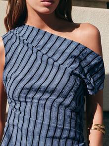 Nöista Fitted Top In Diagonal Blue And Black Stripes, Asymmetrical Neckline Showing One Shoulder With A T Of Gathering On The Sides.Spring Festival, Summer - Baby Blue - View 6