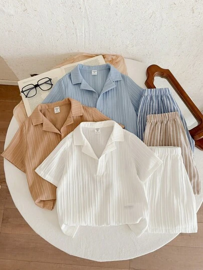 LMoss Kids Bộ quần áo polo 6 món cho bé trai, gồm áo sơ mi và quần short kẻ sọc, kiểu dáng thường ngày.