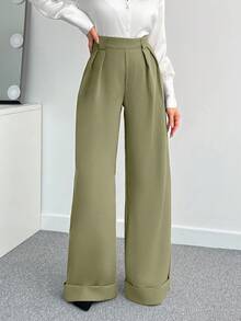 SHEIN Tall 女款純色高腰寬腿長褲，適合高個女性 - 橄欖綠 - 查看 4