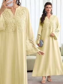 Al Najma V-Neck Flare Sleeve Patchwork Embroidered Floral Trim Robe, Spring/Summer - Yellow - View 8