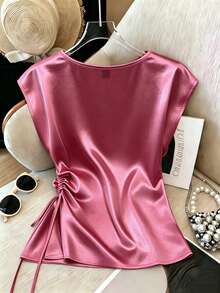 Franclia Áo thun không tay dáng rộng, thanh lịch, cổ ngọc trai kiểu Pháp, chất liệu satin, eo cao, thích hợp mặc thường ngày và đi nghỉ mát, mùa xuân/hè. - Màu Hồng  San hô - Xem 2