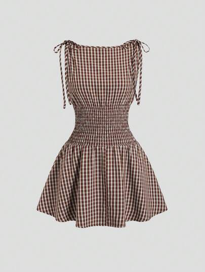 Sweetra Vestido midi elegante de mujer con lazo a la cintura y estampado a cuadros