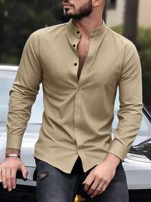 Calvornis Men's Solid Color Business Wrinkle-Resistant Moisture-Wicking Quick-Dry Formal Shirt, Spring/Summer, Ceremony - Khaki - View 7
